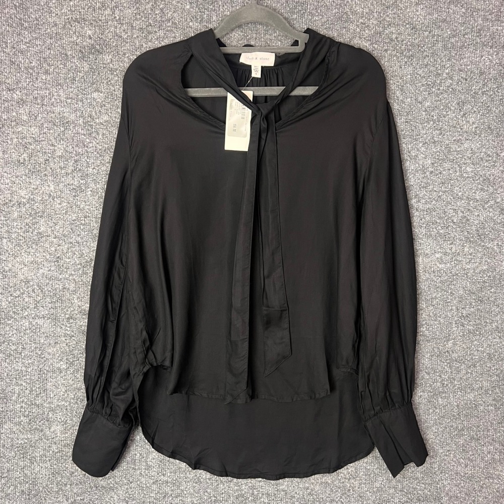 New Cloth & Stone Tie Front Blouse Black Tencel Long Sleeve Top  Small